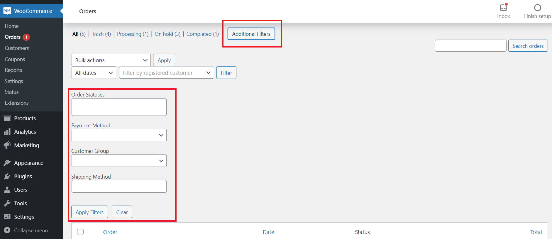 Screenshot of the Additional Order Filters for WooCommerce plugin