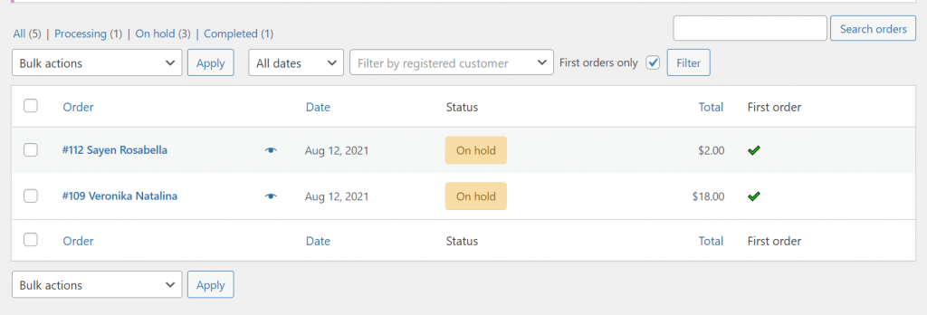 Screenshot of orders successfully filtered by a checkbox