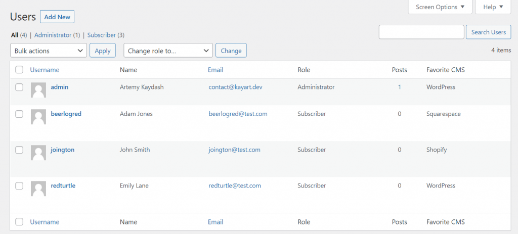 Screenshot of the users table with a new column