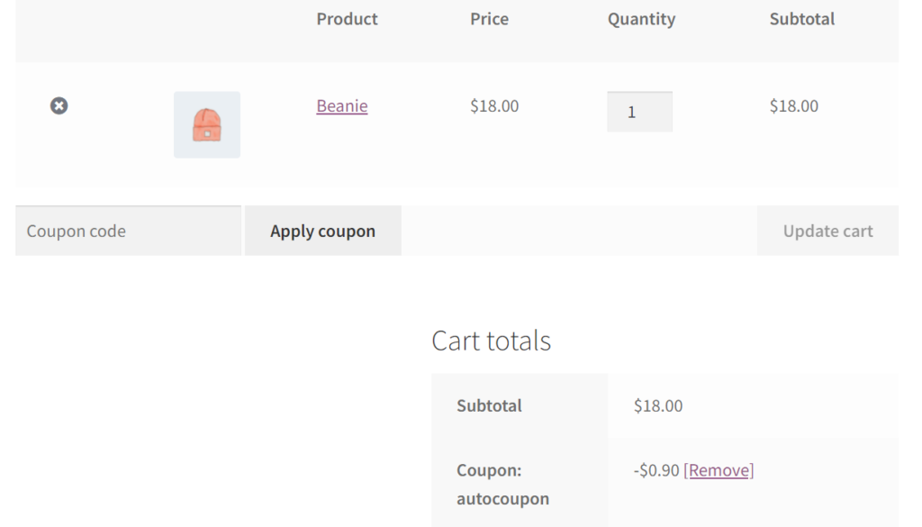 Screenshot of a cart with automatically applied coupon